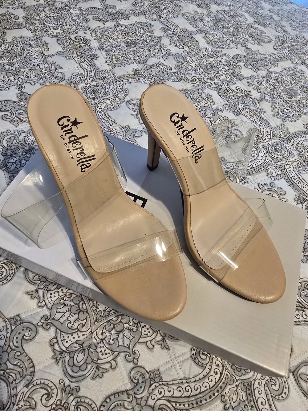 Cinderella Beige Heeled Slide Sandals with Clear Straps